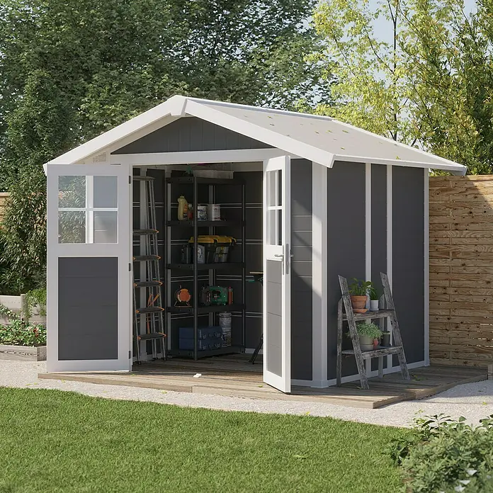 Grosfillex Gerätehaus Deco H4,9 - Außenmaß inkl. Dachüberstand (B x T): 295 x 261 cm, Kunststoff, Dunkelgrau, 4,9 m² - Das geräumige Gartenhaus mit Doppeltür bietet viel Stauraum für Gartengeräte und Werkzeuge, ideal für die Organisation im Freien.