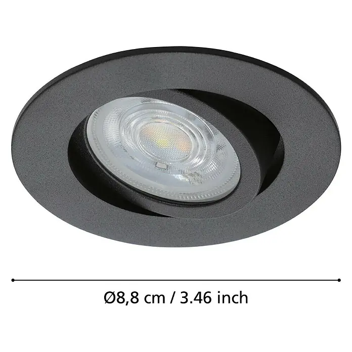 Eglo LED-Einbauleuchte rund Saliceto-Z - Ø x H: 88 x 46 mm, Schwarz, 1 Stk. - Nahaufnahme einer runden, schwarzen Einbauleuchte mit LED-Licht.