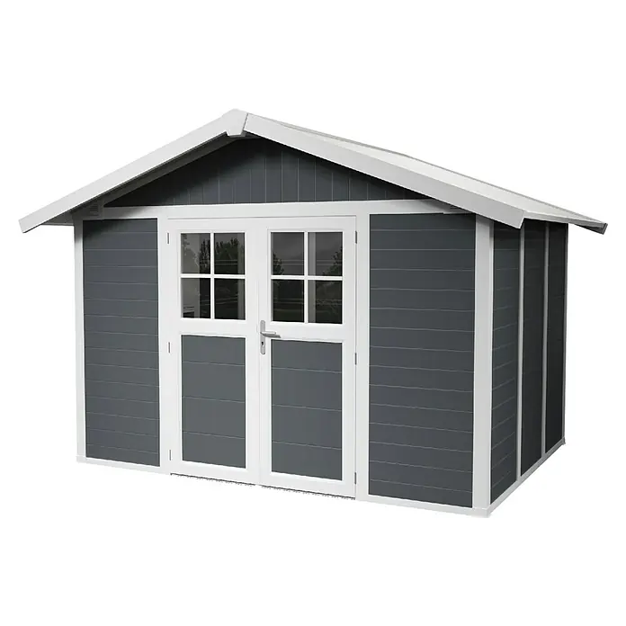 Grosfillex Gerätehaus Deco H7,5 - Außenmaß inkl. Dachüberstand (B x T): 370 x 298 cm, Kunststoff, Dunkelgrau, 7,5 m² - Ein graues Gartenhaus mit weißen Akzenten und Doppeltür. Das Haus bietet Stauraum und fügt sich gut in den Garten ein.