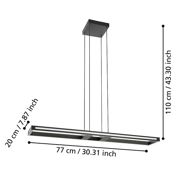 Eglo LED-Pendelleuchte Salvilanas-Z - L x B x H: 1.160 x 200 x 1.100 mm, 33 W, Dimmbar - Abbildung einer modernen, schwarzen LED-Hängeleuchte mit Maßangaben für Höhe, Breite und Tiefe in Zentimetern und Zoll.