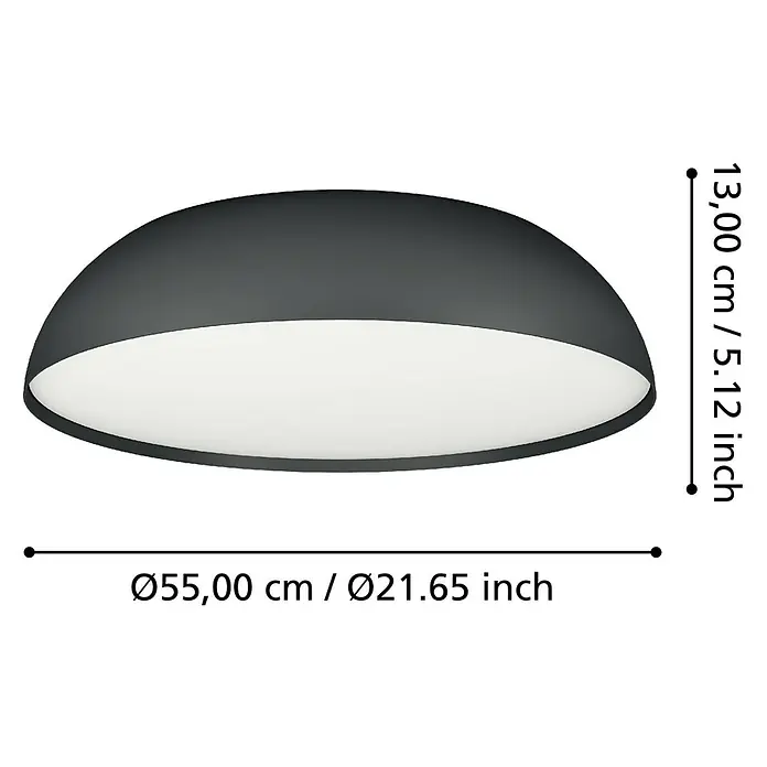 Eglo Connect LED-Deckenleuchte rund Tollos-Z - Ø x H: 55 x 13 cm, Schwarz, Weiß, RGBW - Abbildung einer runden, grauen Deckenleuchte mit den Maßen 55 cm Durchmesser und 13 cm Höhe.