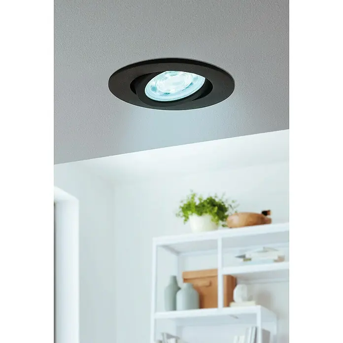 Eglo LED-Einbauleuchte rund Saliceto-Z - Ø x H: 88 x 46 mm, Schwarz, 1 Stk. - Eine moderne Deckenleuchte mit einem schwarzen, verstellbaren Rahmen und einem hellen, bläulichen Licht.