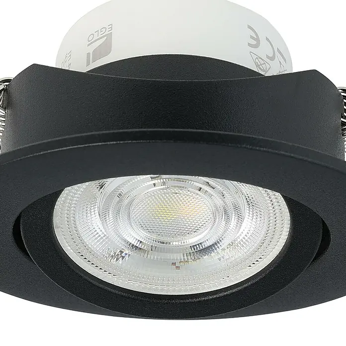 Eglo LED-Einbauleuchte rund Saliceto-Z - Ø x H: 88 x 46 mm, Schwarz, 1 Stk. - Nahaufnahme eines schwarzen EGLO Einbaustrahlers mit einer hellen LED-Lampe.