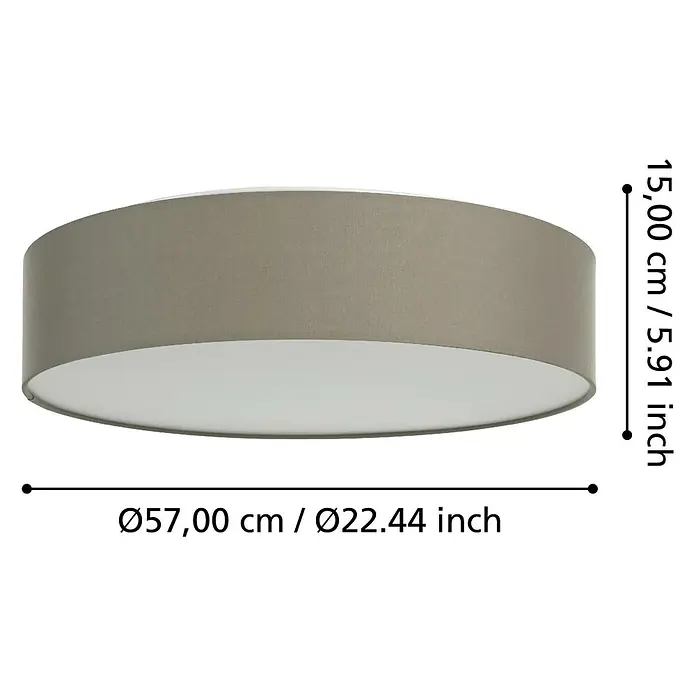 Eglo connect.z LED-Deckenleuchte ROMARO-Z - 35 W, Ø x H: 57 x 15 cm, Dimmbar - Nahaufnahme einer grauen Deckenleuchte mit Größenangaben in Zentimetern und Zoll.