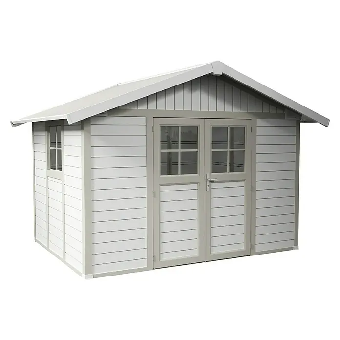 Grosfillex Gerätehaus Deco H7,5 - Außenmaß inkl. Dachüberstand (B x T): 370 x 298 cm, Kunststoff, Weiß/Grau-grün, 7,5 m² - Ein helles Gartenhaus mit Doppeltür und kleinem Fenster, ideal zur Aufbewahrung von Gartengeräten und Werkzeugen.
