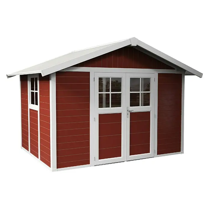 Grosfillex Gerätehaus Deco H7,5 - Außenmaß inkl. Dachüberstand (B x T): 370 x 298 cm, Kunststoff, Rot, 7,5 m² - Das Bild zeigt ein rotes Gartenhaus mit weißen Fensterrahmen und einer Doppeltür. Das Gartenhaus hat ein weißes Satteldach und eine rechteckige Fensterform.