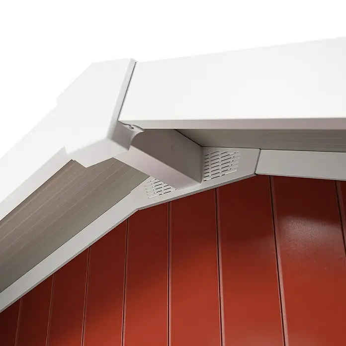 Grosfillex Gerätehaus Deco H7,5 - Außenmaß inkl. Dachüberstand (B x T): 370 x 298 cm, Kunststoff, Rot, 7,5 m² - Detailansicht eines modernen Gartenhauses mit roter Holzverkleidung und weißem Dachüberstand mit integrierten Lüftungsschlitzen.