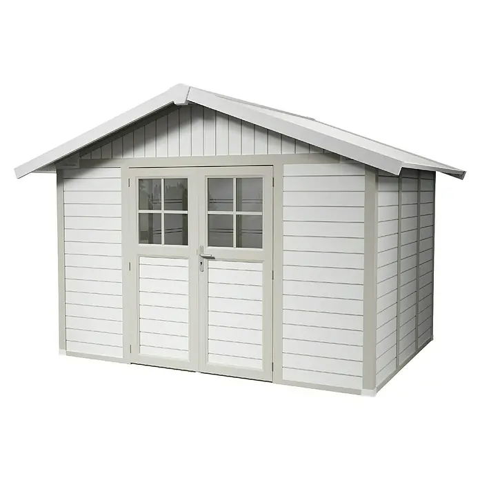 Grosfillex Gerätehaus Deco H7,5 - Außenmaß inkl. Dachüberstand (B x T): 370 x 298 cm, Kunststoff, Weiß/Grau-grün, 7,5 m² - Ein geräumiges, weißes Gartenhaus mit Doppeltür und Fenstern, ideal für die Aufbewahrung von Gartengeräten und mehr. Robuste Bauweise für lange Lebensdauer.