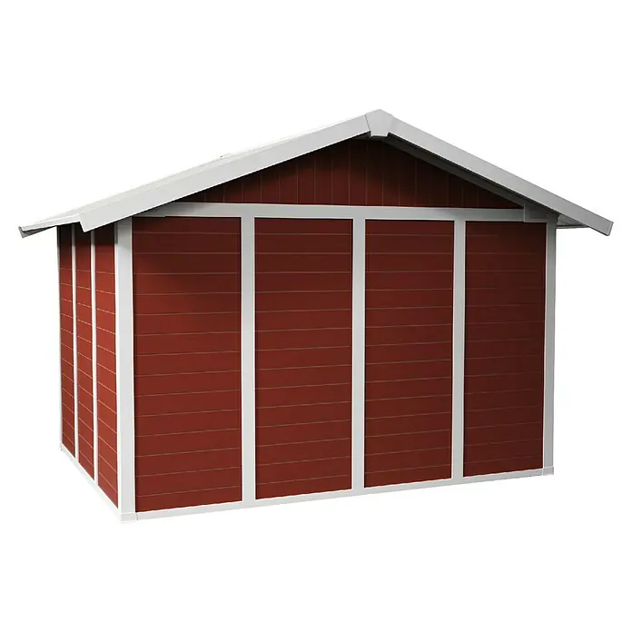 Grosfillex Gerätehaus Deco H7,5 - Außenmaß inkl. Dachüberstand (B x T): 370 x 298 cm, Kunststoff, Rot, 7,5 m² - Ansicht eines kleinen, roten Gartenhauses mit weißem Dach und weißen Zierleisten, das einen praktischen Stauraum bietet.