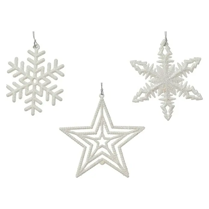 Adornos del árbol de Navidad Estrella - Plateado, Plástico, 1 ud., 2 x 10 x 10 cm - Un arreglo de tres adornos brillantes y blancos para el árbol de Navidad con forma de estrellas y copos de nieve que evocan un ambiente festivo.