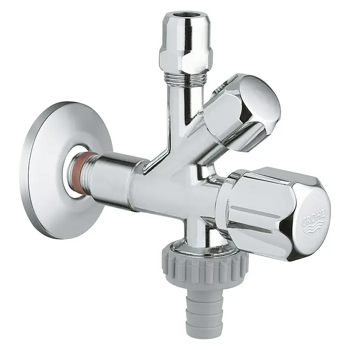 Grohe Geräteventil - ½″, Selbstdichtendes Anschlussgewinde, Verchromt - Nahaufnahme eines glänzenden Grohe Eckventils mit zwei Griffen und einem Anschluss für Schläuche.