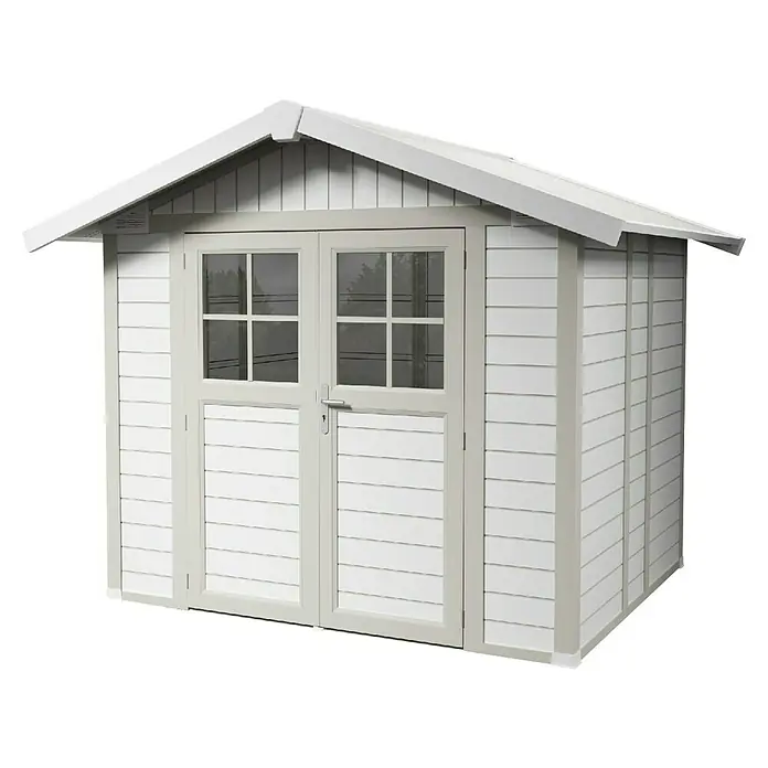 Grosfillex Gerätehaus Deco H4,9 - Außenmaß inkl. Dachüberstand (B x T): 295 x 261 cm, Kunststoff, Weiß, 4,9 m² - Ein graues Gartenhaus mit Doppeltüren und Fenstern, das sich ideal zur Aufbewahrung von Gartengeräten und -möbeln eignet.