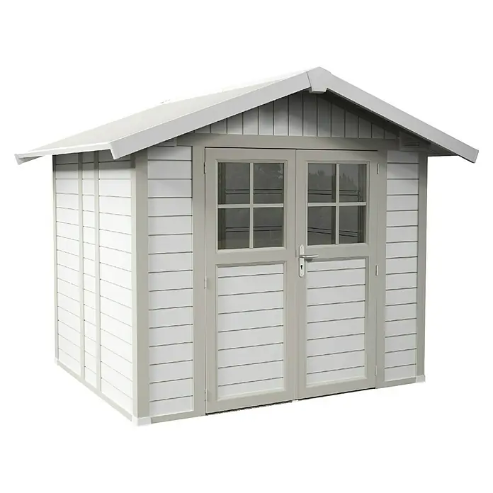 Grosfillex Gerätehaus Deco H4,9 - Außenmaß inkl. Dachüberstand (B x T): 295 x 261 cm, Kunststoff, Weiß, 4,9 m² - Das Bild zeigt ein Gartenhaus mit Doppeltür und Fenster. Das Häuschen ist aus hellem Holz gefertigt und hat ein graues Dach. Praktisch und stilvoll!