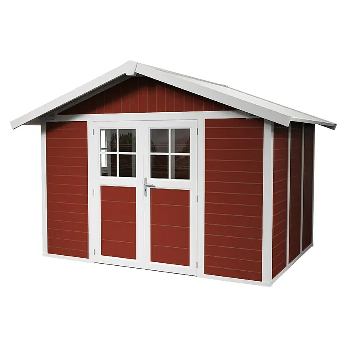 Grosfillex Gerätehaus Deco H7,5 - Außenmaß inkl. Dachüberstand (B x T): 370 x 298 cm, Kunststoff, Rot, 7,5 m² - Ein rotes Gartenhaus mit weißen Akzenten bietet Stauraum und schützt Werkzeuge vor Witterungseinflüssen.