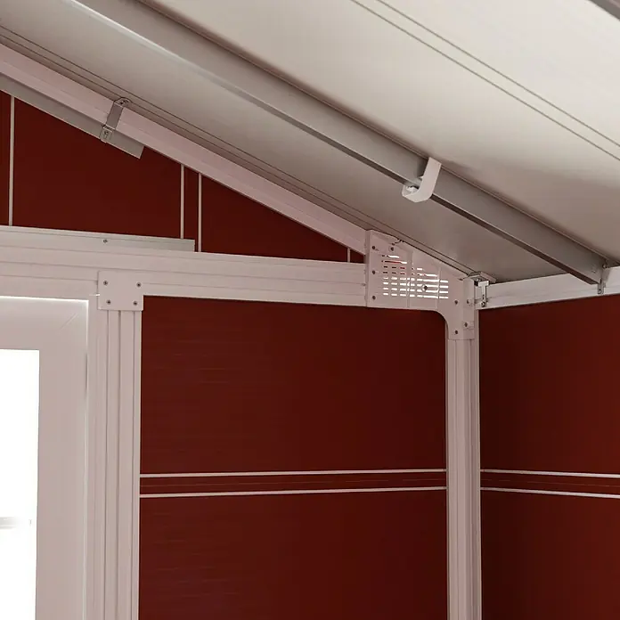 Grosfillex Gerätehaus Deco H7,5 - Außenmaß inkl. Dachüberstand (B x T): 370 x 298 cm, Kunststoff, Rot, 7,5 m² - Nahaufnahme eines modernen Gartenhauses mit roter Fassade und weißem Rahmen, das stilvolles Design und Funktionalität vereint.