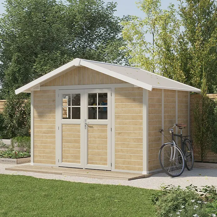 Grosfillex Caseta para jardín Deco - Medidas ext. (An x Pr): 370 x 298 cm, Plástico, Beige/Blanco, 7,5 m² - Caseta de jardín con puerta doble y bicicleta. La caseta de madera con tejado a dos aguas ofrece mucho espacio para herramientas y bicicletas.