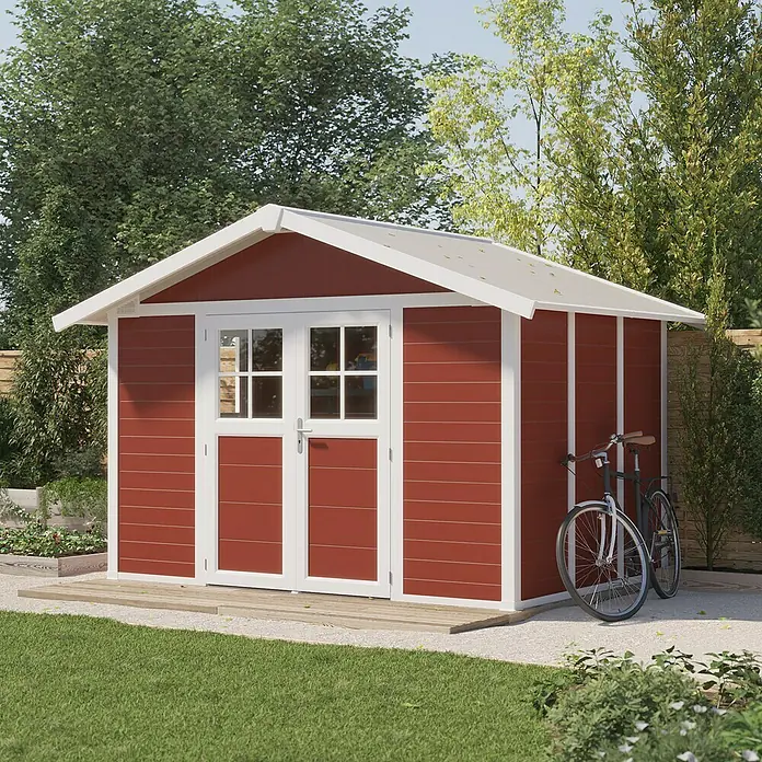 Grosfillex Gerätehaus Deco H7,5 - Außenmaß inkl. Dachüberstand (B x T): 370 x 298 cm, Kunststoff, Rot, 7,5 m² - Ein rotes Gartenhaus mit weißen Akzenten und Doppeltür, umgeben von Grün. Daneben steht ein Fahrrad. Ideal zur Gartenaufbewahrung.