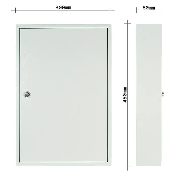 Rottner Schlüsselkasten S 64 - Geeignet für: 64 Schlüssel, L x B x H: 8 x 30 x 45 cm, Zylinderschloss - Abbildung eines Erste-Hilfe-Kastens aus Metall mit den Maßen 300 mm x 450 mm x 80 mm.