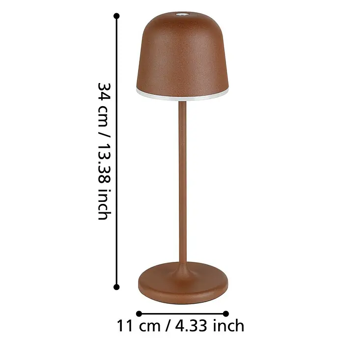 Eglo Tischleuchte Mannera - Durchmesser: 11 cm, Höhe: 34 cm, 2,2 W - Nahaufnahme einer Tischleuchte in Braun mit den Maßen 34 cm Höhe und 11 cm Durchmesser der Basis.