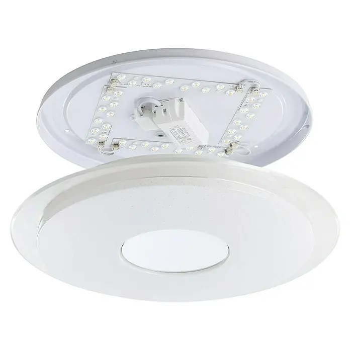 Eglo connect.z LED-Deckenleuchte LANCIANO-Z - Ø x H: 45 x 8 cm, Kunststoff, 19,2 W, Dimmbar - Nahaufnahme einer runden LED-Deckenleuchte mit einem modernen Design und einem Panel mit kleinen Leuchtdioden.