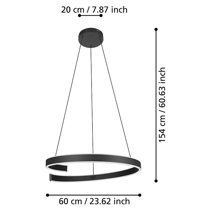 Eglo LED-Pendelleuchte rund Andabaia-Z - 42,5 W, Ø x H: 60 x 154 cm, Schwarz, Kaltweiß - Abbildung einer modernen LED-Pendelleuchte mit den Maßen 154 cm Höhe, 60 cm Durchmesser und 20 cm Baldachindurchmesser.
