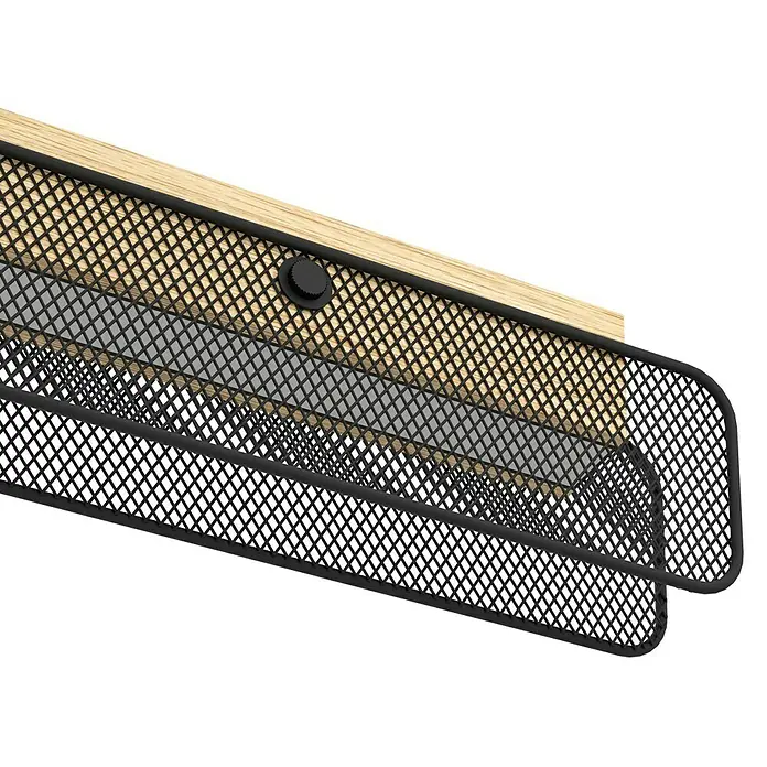 Eglo Connect LED-Pendelleuchte Kokomo-Z - 34 W, L x B x H: 99 x 5 x 110 cm, Schwarz, Braun, RGBW - Nahaufnahme eines modernen Regals mit Holzplatte und schwarzem Drahtgeflecht, das Funktionalität und Design vereint.