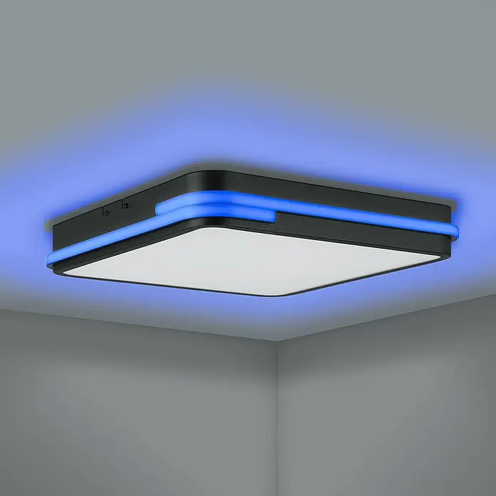 Eglo Connect LED-Deckenleuchte Genovese-Z - 22 W, L x B x H: 47 x 47 x 7 cm, Schwarz, RGBW - Moderne LED-Deckenleuchte mit blauem Umgebungslicht. Die Lampe ist quadratisch und sorgt für eine stimmungsvolle Beleuchtung im Raum.