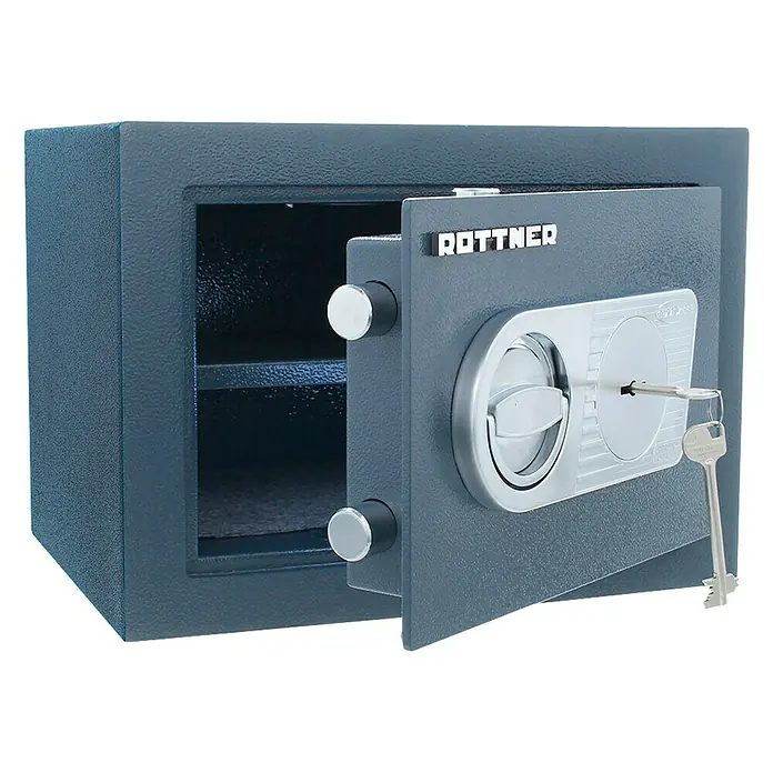 Rottner Möbeltresor Samoa - L x B x H: 28 x 37 x 27 cm, Doppelbart-Hochsicherheitsschloss, Anthrazit - Geöffneter Tresor der Marke Rottner mit Schlüssel im Schloss. Sichere Aufbewahrung von Wertsachen im privaten und gewerblichen Bereich.