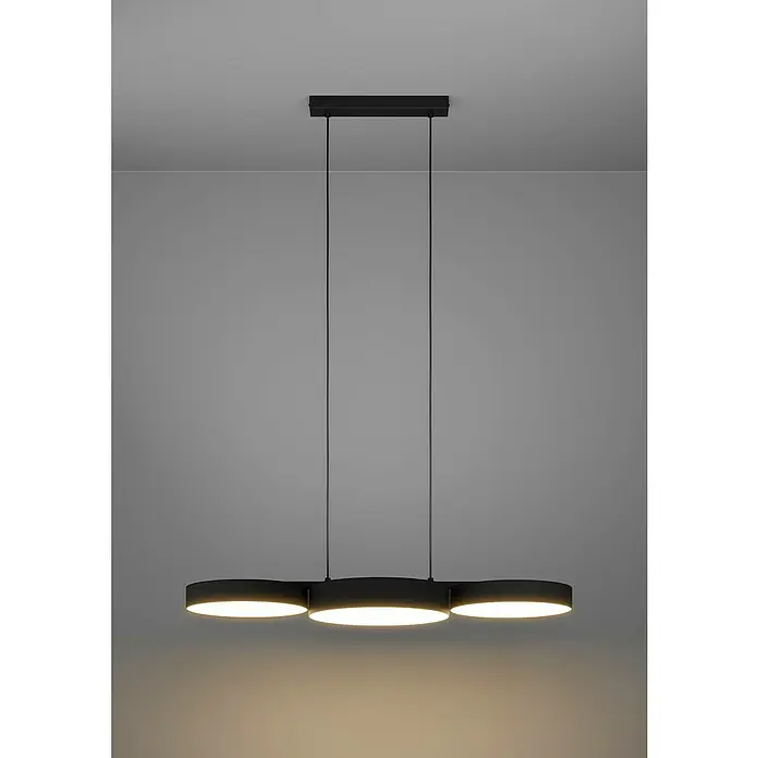 Eglo Connect LED-Pendelleuchte Barbano-Z - 7,5 W, L x B x H: 82 x 30 x 110 cm, Schwarz, RGBW - Moderne Hängeleuchte mit drei runden Lampenschirmen aus schwarzem Metall, die ein warmes Licht spenden und für Ambiente sorgen.