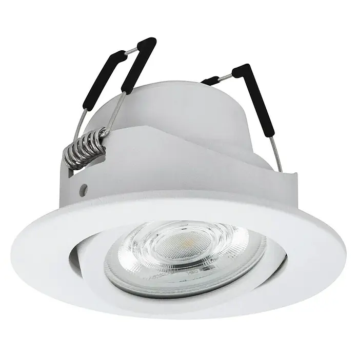 Eglo LED-Einbauleuchte rund Saliceto-Z - Ø x H: 88 x 46 mm, Weiß, 1 Stk. - Nahaufnahme einer weißen, versenkten LED-Deckenleuchte mit verstellbarem Spot und Befestigungsfedern für den Einbau.