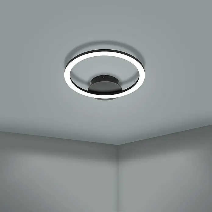 Eglo connect.z LED-Deckenleuchte PARRAPOS-Z - L x B x H: 340 x 300 x 45 mm, Schwarz, 12 W, Dimmbar - Nahaufnahme einer modernen LED-Deckenleuchte mit ringförmigem Design und schwarzem Akzent in einem grauen Raum.