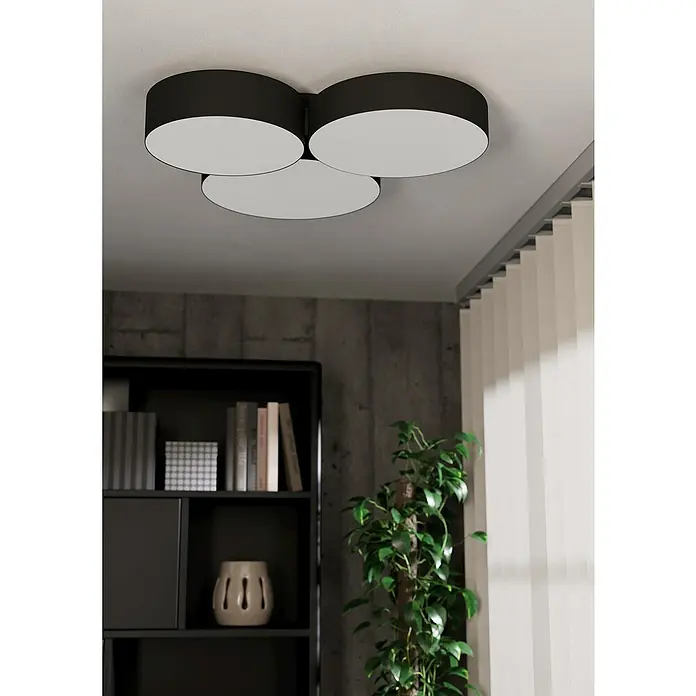 Eglo Connect LED-Deckenleuchte Barbano-Z - L x B x H: 60,5 x 56,5 x 9 cm, Schwarz, RGBW - Deckenleuchte mit drei runden, schwarzen Lampenschirmen, die ein modernes und stilvolles Ambiente erzeugen. Perfekt für Wohnzimmer und Schlafzimmer.