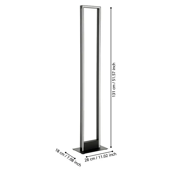 Eglo LED-Stehleuchte Salvilanas-Z - Höhe: 1.305 mm, Aluminium - Abbildung einer minimalistischen Stehlampe mit rechteckigem Rahmen und Maßangaben in Zentimetern und Zoll für Höhe, Breite und Tiefe.