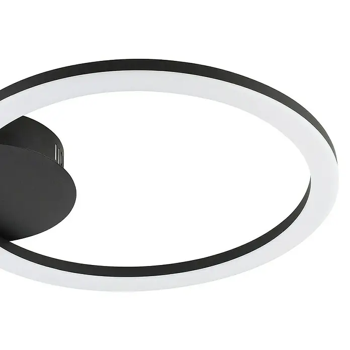 Eglo connect.z LED-Deckenleuchte PARRAPOS-Z - L x B x H: 340 x 300 x 45 mm, Schwarz, 12 W, Dimmbar - Nahaufnahme einer modernen LED-Deckenleuchte in Ringform, schwarz umrandet und mit weißem Lichtband, ideal für stilvolle Innenräume.