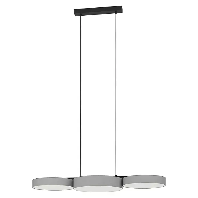 Eglo Connect LED-Pendelleuchte Barbano-Z - L x B x H: 82 x 30 x 110 cm, Grau, RGBW - Moderne LED-Hängeleuchte mit drei runden, grauen Lampenschirmen, ideal für stilvolle Beleuchtung im Wohnbereich. Die Lampe hängt an schlanken Stäben.