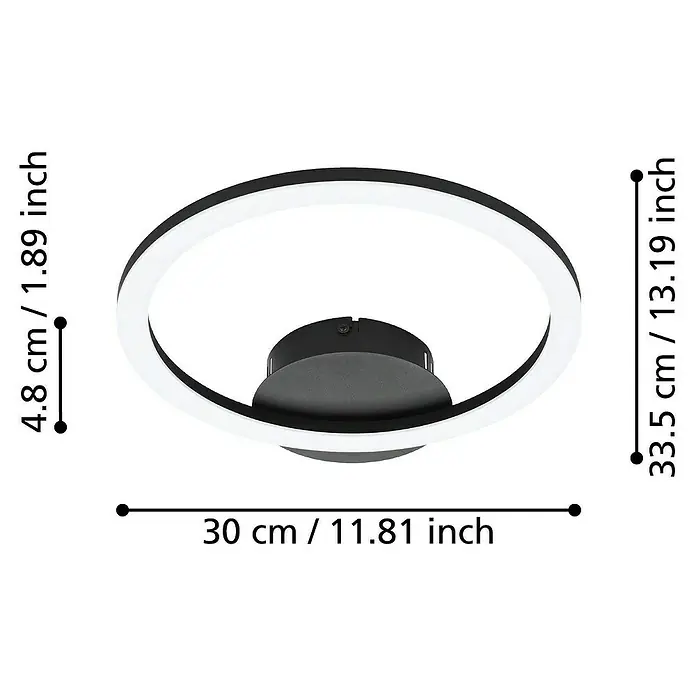 Eglo connect.z LED-Deckenleuchte PARRAPOS-Z - L x B x H: 340 x 300 x 45 mm, Schwarz, 12 W, Dimmbar - Nahaufnahme einer modernen, runden LED-Deckenleuchte in Schwarz und Weiß mit Größenangaben.