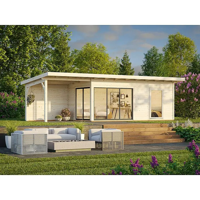 Palmako Gartenhaus Andrea Slide Plus - Außenmaß inkl. Dachüberstand (B x T): 920 x 402 cm, Unbehandeltes Holz, Natur - Ein modernes Gartenhaus mit großen Fenstern, umgeben von üppigem Grün, bietet einen stilvollen Rückzugsort im Freien.