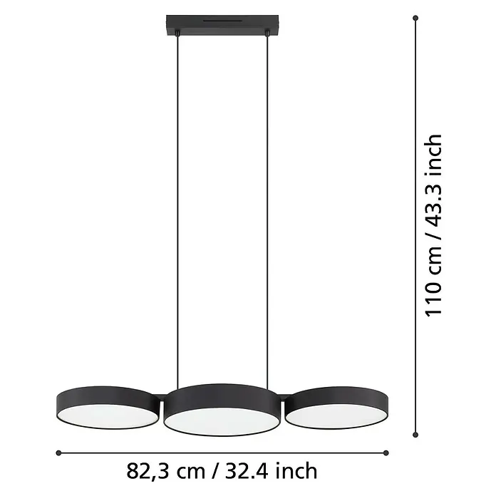 Eglo Connect LED-Pendelleuchte Barbano-Z - 7,5 W, L x B x H: 82 x 30 x 110 cm, Schwarz, RGBW - Moderne LED-Hängeleuchte in Schwarz mit drei runden Leuchtenkörpern, ideal für Esszimmer oder Wohnbereich.