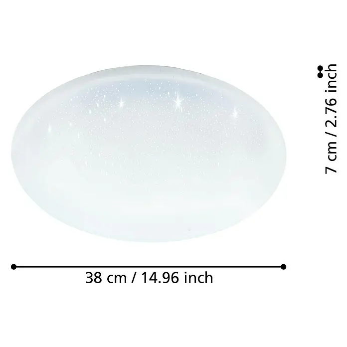 Eglo connect.z LED-Deckenleuchte rund TOTARI-Z - 4,8 W, Warmweiß, Weiß, Ø x H: 380 cm x 70 mm, Dimmbar, IP44 - Nahaufnahme einer runden Deckenleuchte mit Sternenmuster und Größenangaben für Breite und Höhe.