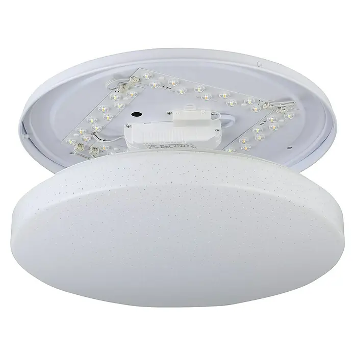 Eglo connect.z LED-Deckenleuchte rund TOTARI-Z - 4,8 W, Warmweiß, Weiß, Ø x H: 380 cm x 70 mm, Dimmbar, IP44 - Nahaufnahme einer runden LED-Deckenleuchte, die die interne Beleuchtungselemente des Produkts zeigt.