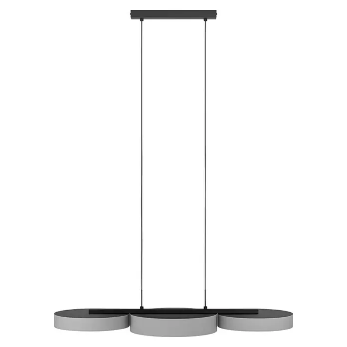 Eglo Connect LED-Pendelleuchte Barbano-Z - L x B x H: 82 x 30 x 110 cm, Grau, RGBW - Nahaufnahme einer modernen, linearen Pendelleuchte mit drei runden Lampenschirmen in Grau, die von schlanken Stäben gehalten werden.