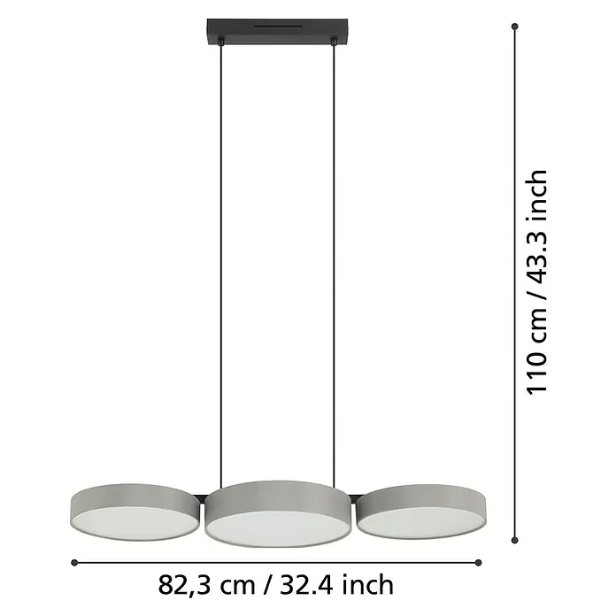 Eglo Connect LED-Pendelleuchte Barbano-Z - L x B x H: 82 x 30 x 110 cm, Grau, RGBW - Abbildung einer modernen dreiflammigen LED-Hängeleuchte in Grau mit Maßangaben für Höhe und Breite.