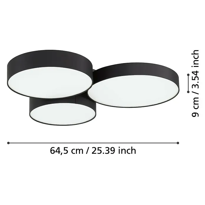 Eglo Connect LED-Deckenleuchte Barbano-Z - L x B x H: 60,5 x 56,5 x 9 cm, Schwarz, RGBW - Abbildung einer modernen Deckenleuchte mit drei runden, schwarzen Lampenschirmen und weißen Diffusoren.