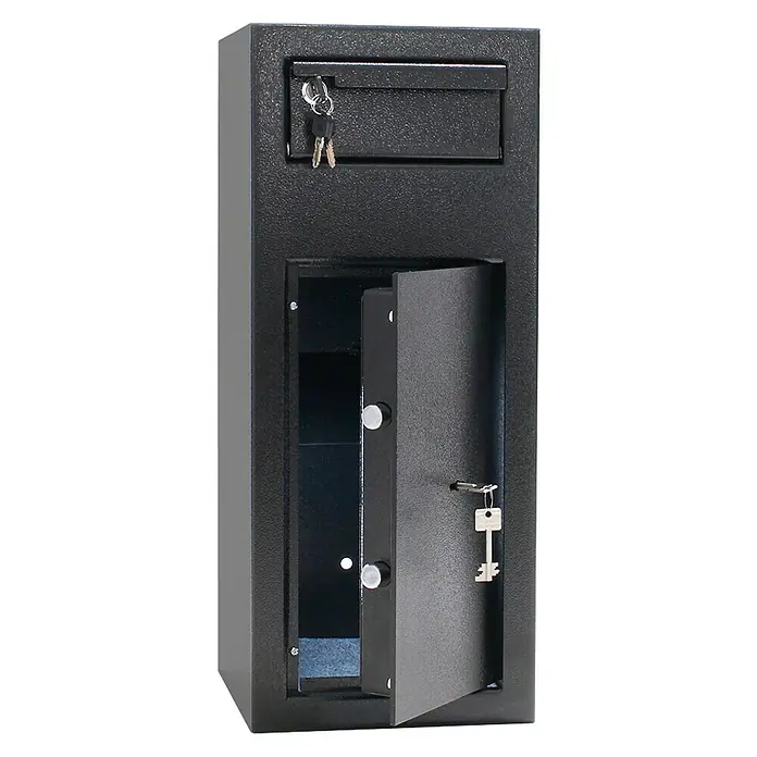Rottner Einwurftresor Cashmatic 1 - 26 x 25 x 60 cm, Doppelbartschloss - Schwarzer Tresor mit Einwurfschlitz oben und offenstehender Tür unten mit Schlüssel.