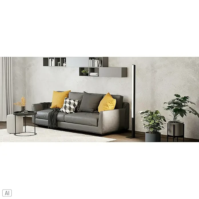 Eglo connect.z LED-Stehleuchte Simolaris-Z - 35 W, Höhe: 161,5 cm, RGB - Modernes Wohnzimmer mit grauer Couch, gelben Kissen, Stehlampe und Pflanzen. Die grauen Regale an der Wand ergänzen das stilvolle Interieur.