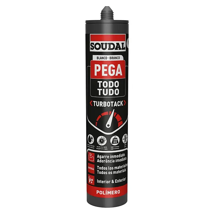 Soudal Adhesivo para montaje Pega Todo Turbotack - 290 ml, Cartucho - Soudal PEGA TODO Turbo Tack: Un adhesivo universal blanco potente para agarre inmediato, ideal para interiores y exteriores.
