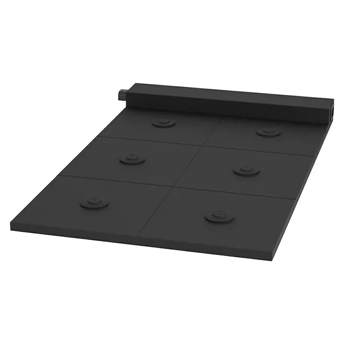 Eglo Ladegerät Multi Charging - Schwarz, Passend für bis zu sechs Akkutischleuchten - Eine Nahaufnahme einer dunklen Lego-Grundplatte mit aufgesetzten Noppen, die ein vielseitiges und stabiles Fundament für Bauprojekte bietet.