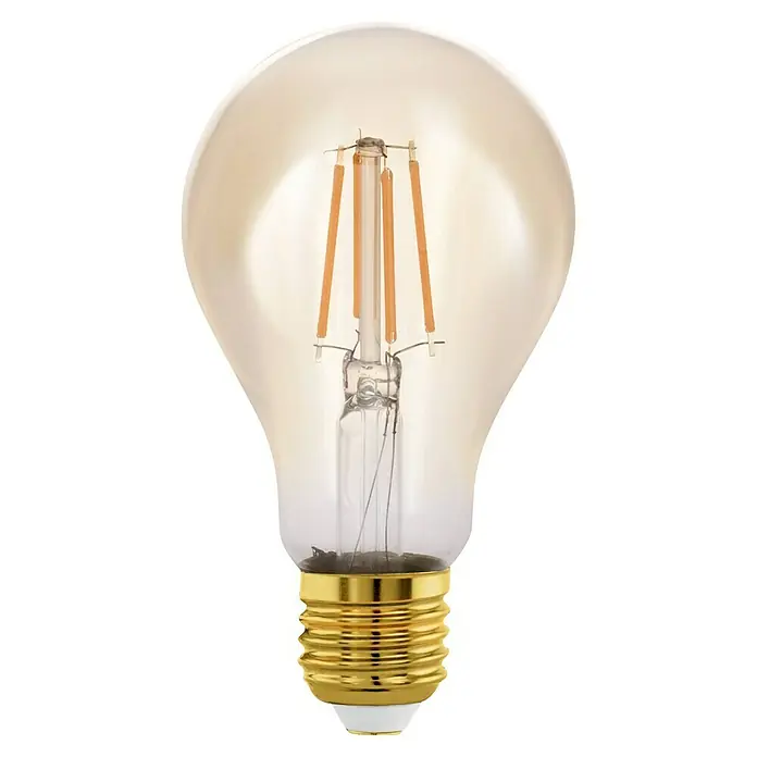 Eglo connect.z Smart-LED-Lampe - E27, Dimmbar, Warmweiß, 500 lm, 5,5 W - Diese Nahaufnahme zeigt eine dekorative LED-Glühbirne mit einem warmen, bernsteinfarbenen Farbton und filigranen Glühfäden.