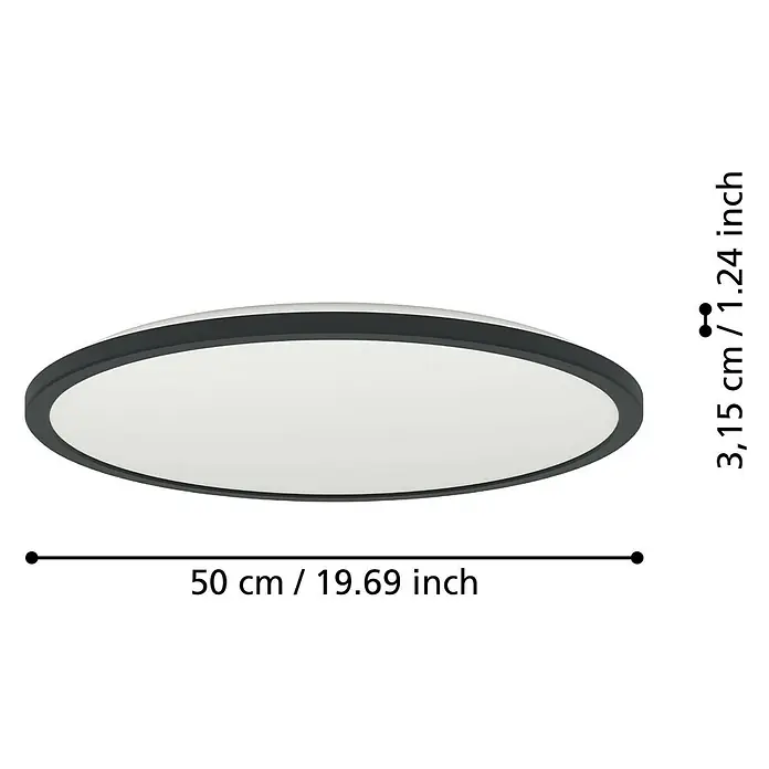 Eglo LED-Deckenleuchte Rovito - 18,5 W, Ø x H: 50 x 3 cm, Schwarz, Warmweiß - Abbildung einer runden Deckenleuchte mit schwarzen Rahmen und Angaben zu den Abmessungen.
