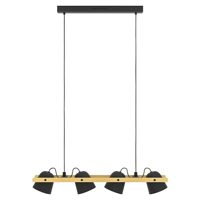 Eglo Connect LED-Pendelleuchte Hornwood-Z - L x B x H: 78 x 14 x 110 cm, Schwarz, Braun, RGBW - Deckenleuchte mit mehreren Lampenschirmen an einer Holzstange, die für eine stimmungsvolle Beleuchtung sorgt.